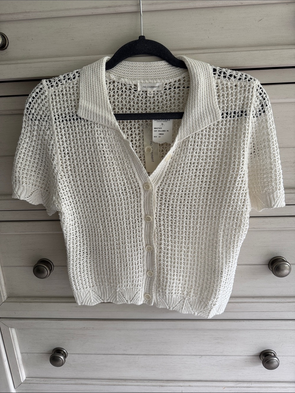 no comment Cream Open-Knit Button-Down Polo Top